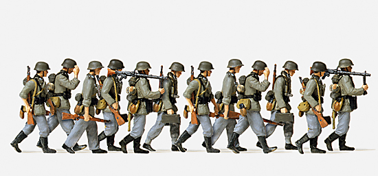 Advancing grenadiers of German Wehrmacht (12 unpainted figures)<br /><a href='images/pictures/Preiser/16557.jpg' target='_blank'>Full size image</a>